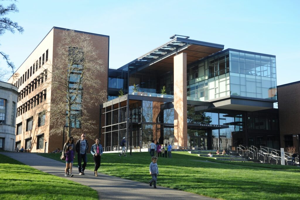 students walking in front of modern university building