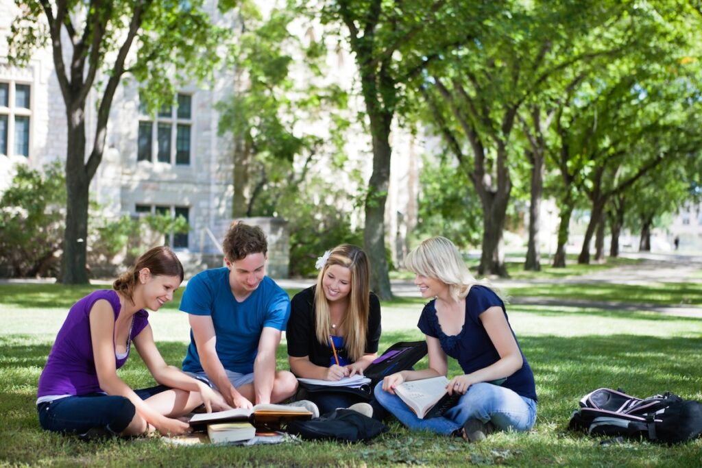 students pour over textbooks on campus lawn