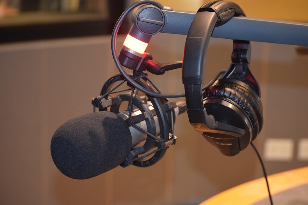 podcasting microphone and headphones
