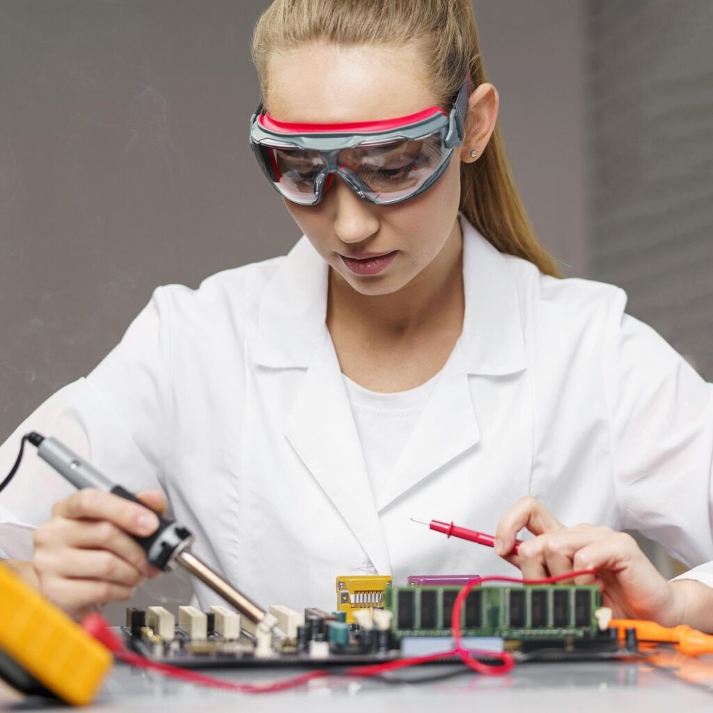 female technician with soldering iron electronics motherboard