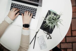 overview of person typing on laptop with plant next to them