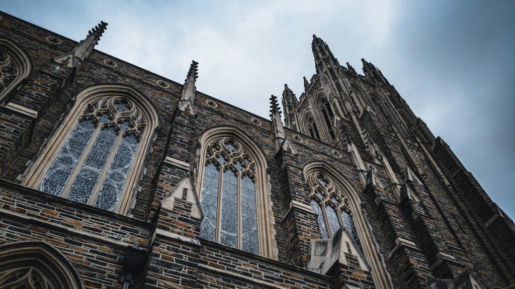 Close up, looking up at the Duke Chapel