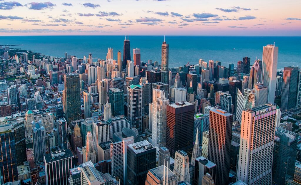 chicago skyline looking toward lake Michigan
