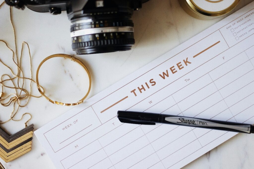 flatlay with camera and "this week" planner