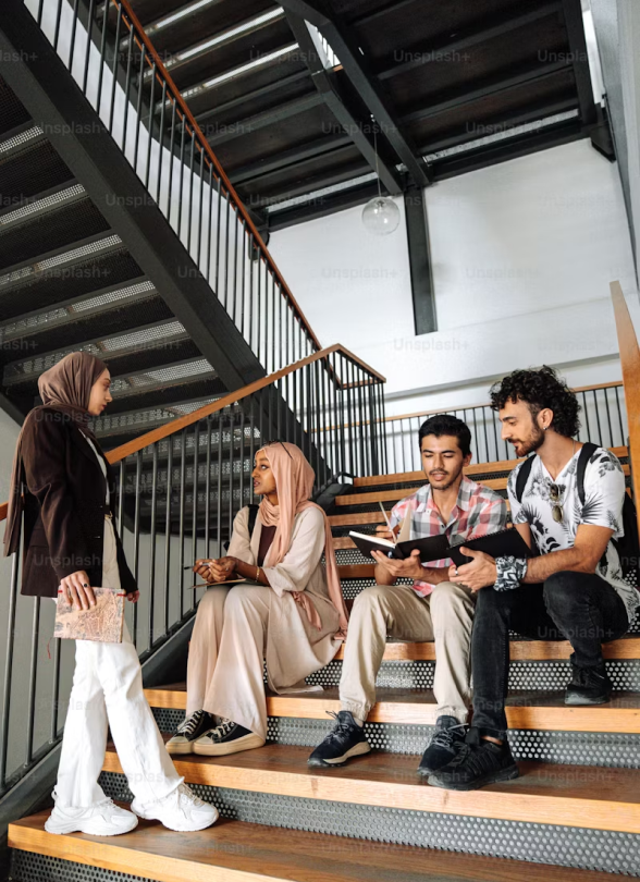 students are talking on the steps