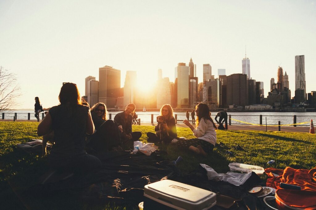 a group of friends enjoy a picnic at sunset in a park with the NYC skyline in the distance
