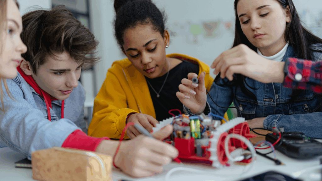 Four students work on a high school robotics and coding project