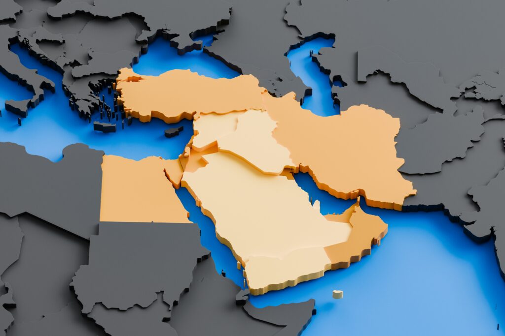 Arial map of the Middle East region, with the countries highlighted in shades of light orange