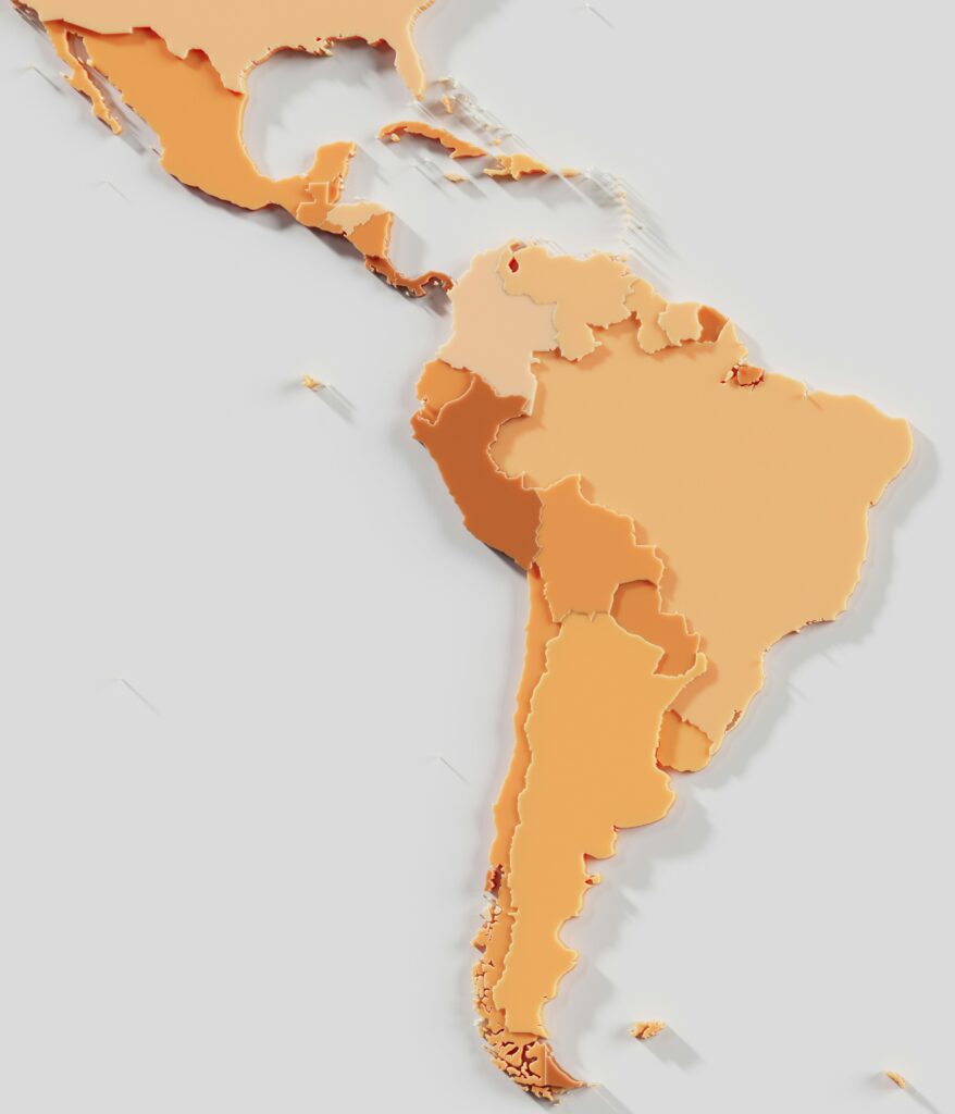 Map of South and Central America, with countries marked in different shades of orange